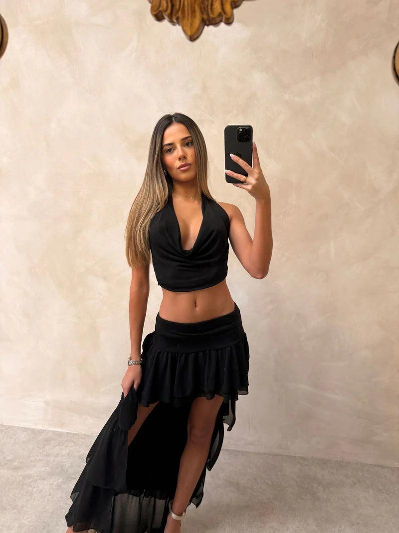 Cowl Neck Ruffle Mesh Asymmetric Skirt Coord Set Set