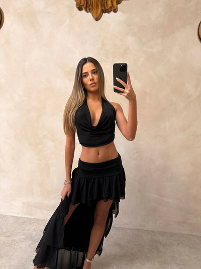 Cowl Neck Ruffle Mesh Asymmetric Skirt Coord Set Set