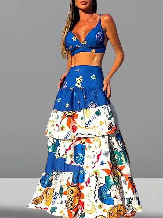 Doodle Print Braletter Top & Ruffle Skirt Coord Set