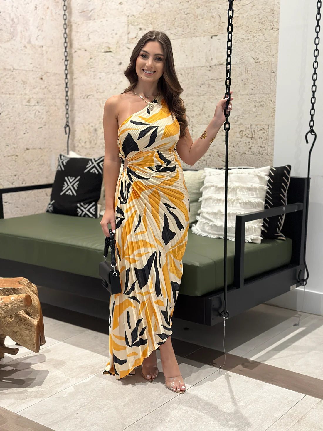 Floral Print Pleated One Shoulder Asymmetric Dress