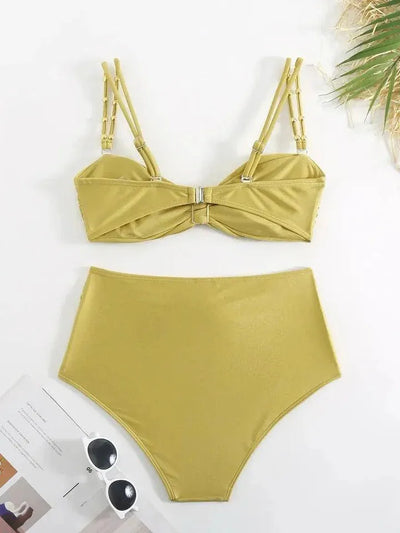 Golden 3 Piece Luxe Swimsuit With Sarong Skirt
