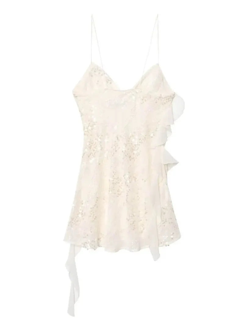White  Asymmetric Ruffle Sequins Short Dress