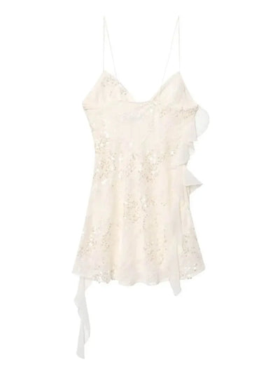 White  Asymmetric Ruffle Sequins Short Dress