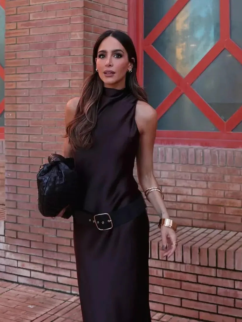 Brown Satin Midi Dress with Belt