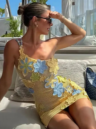 Namma One Shoulder Applique Crochet Mini Dress