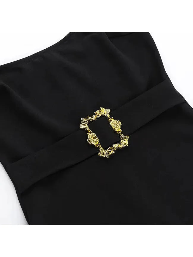 Solid Metallic Buckle Belted Mini Dress