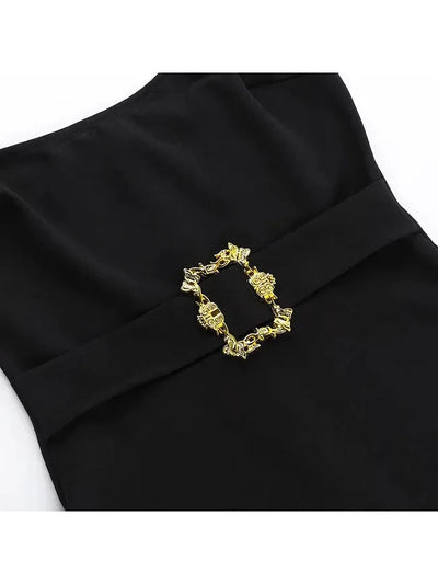 Solid Metallic Buckle Belted Mini Dress