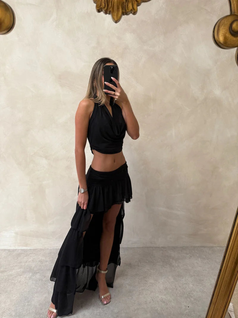 Cowl Neck Ruffle Mesh Asymmetric Skirt Coord Set Set