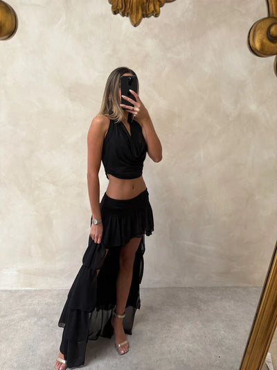 Cowl Neck Ruffle Mesh Asymmetric Skirt Coord Set Set