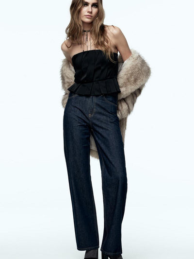 Pleated Black Crop Tube Top