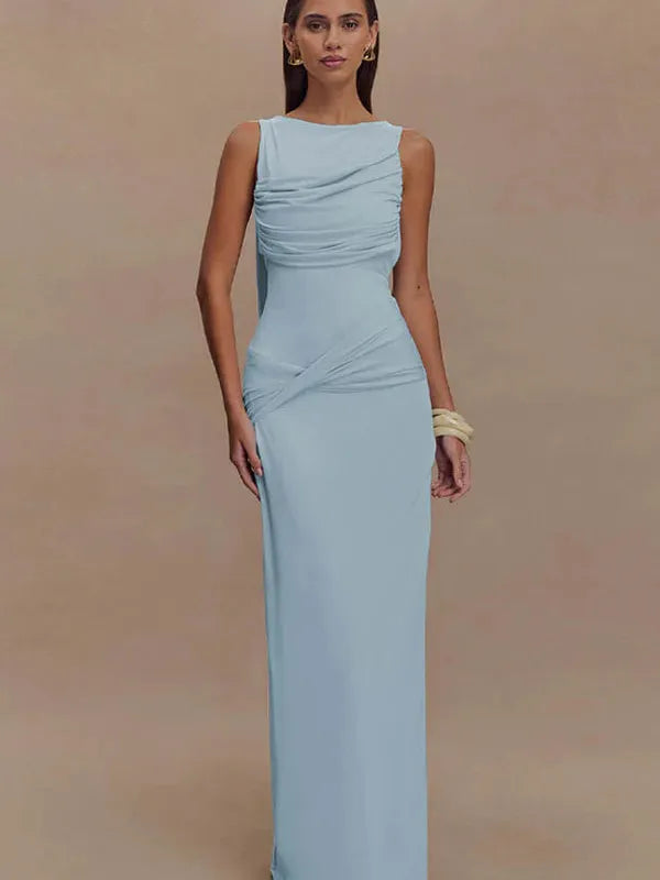 Buy Ruched Backless Sleeveless Maxi Dress, M / Blue Online At SR Store