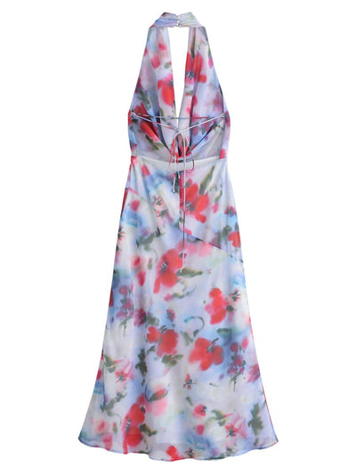 Elena Floral Print Halterneck Backless Mesh Dress