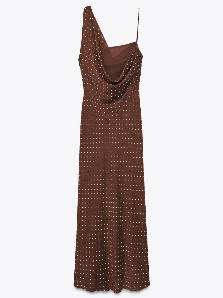 Polka Dot Draped Asymmetric Maxi Dress