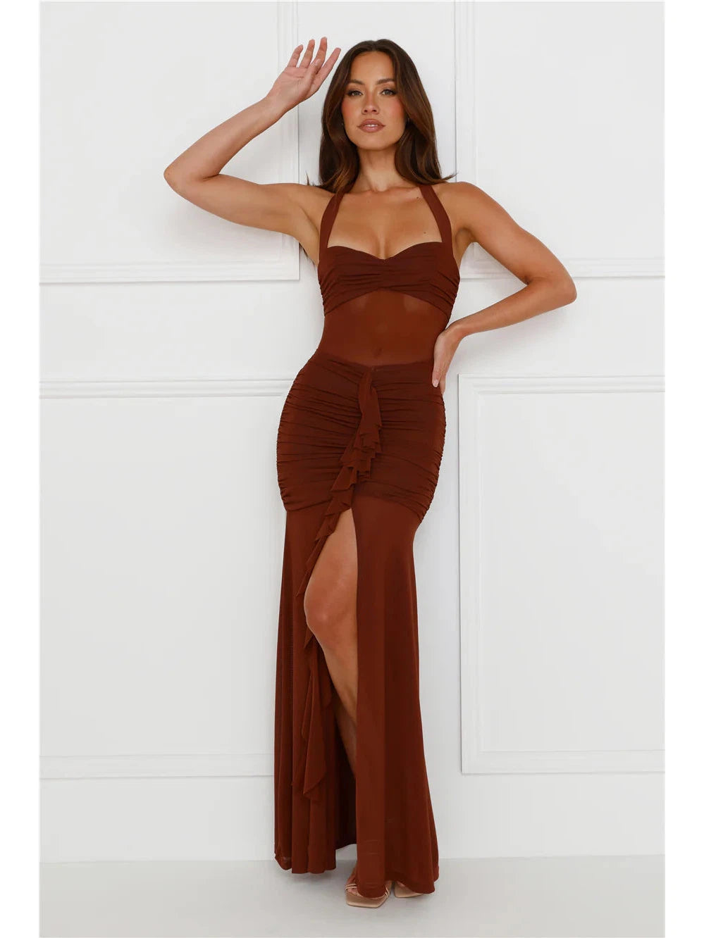 Tied Halterneck Ruched Ruffle Slit Maxi Dress