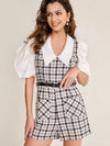 Plaid Tweed Balloon Sleeves Romper With Belt