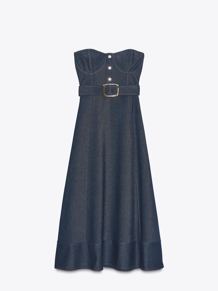 Strapless Denim Tube Dress with Belt