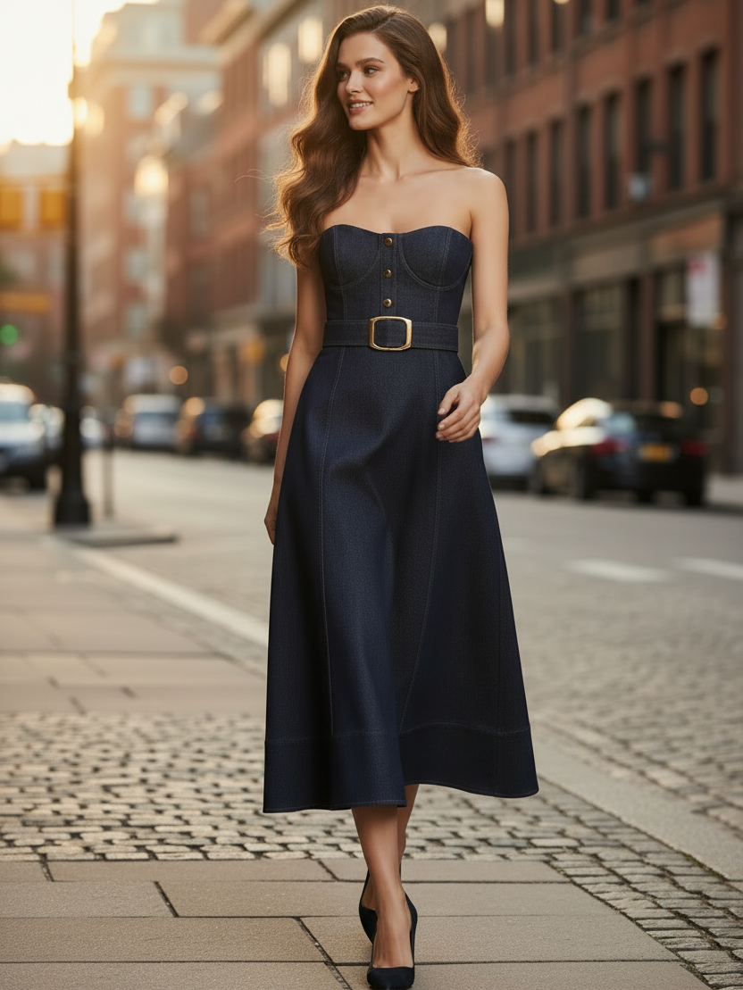 blue large belt denim tube dress Blue Large Belt Denim Tube Dress | Shuhua - (G)I-DLE