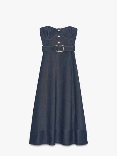 Strapless Denim Tube Dress with Belt