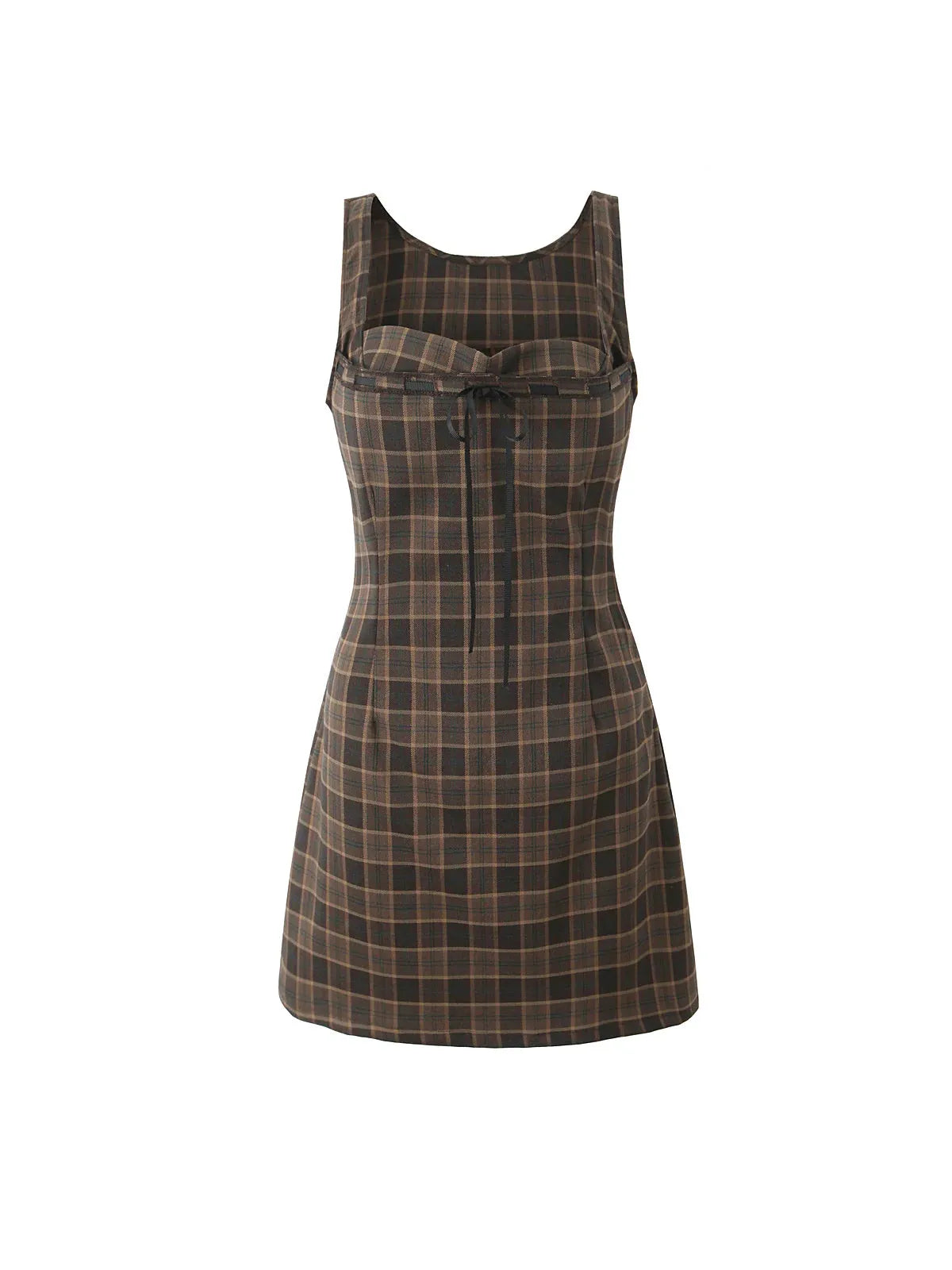 Brown Gingham Print Short Sweetheart Neck Dress