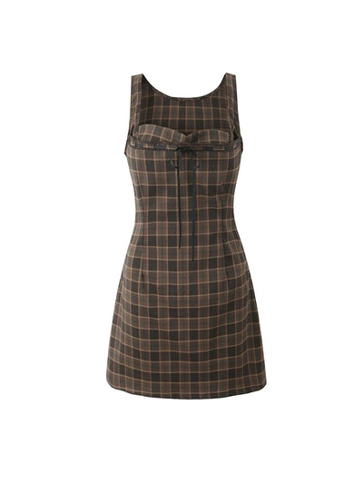 Brown Gingham Print Short Sweetheart Neck Dress