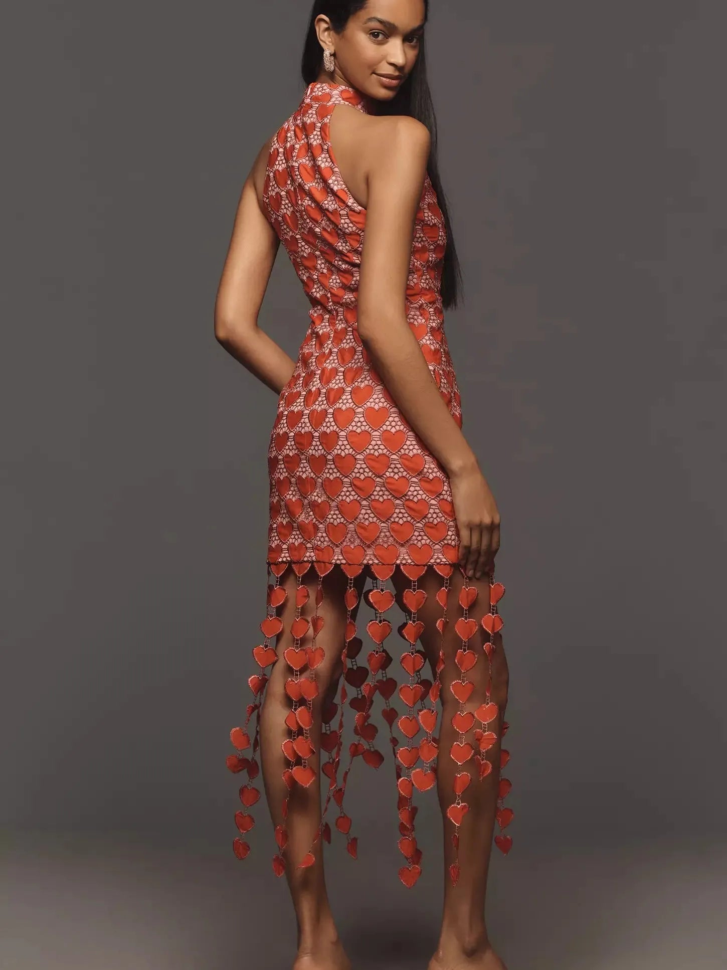 Heart Laser Print Cutout Sleeveless Fringe Midi Dress