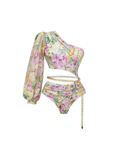 One Shoulder Cut out Blossom Print Swimsuit Skirt Set
