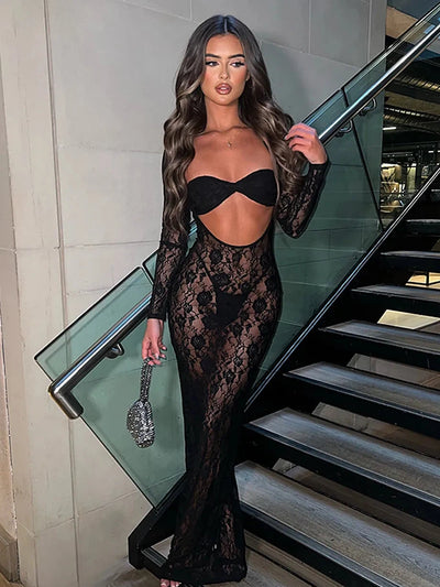 See Through Cutout Lace Maxi Dress