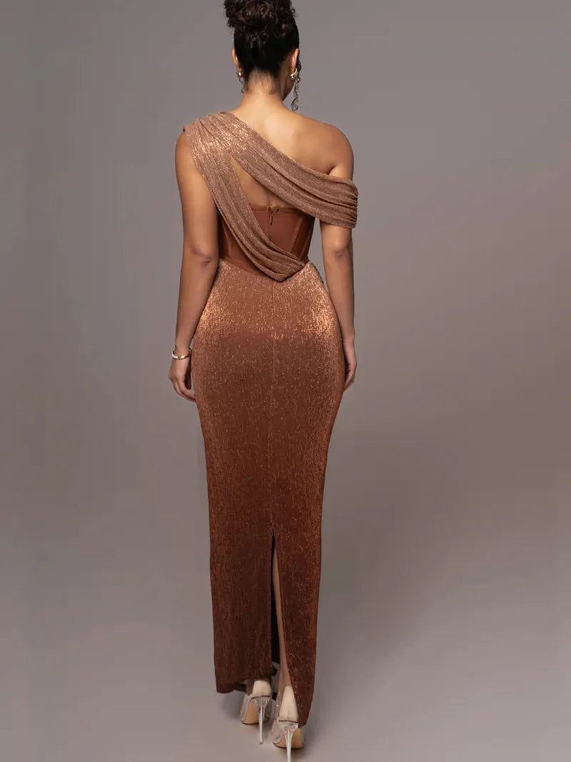 Drape Shimmery Corset Dress by Exclusives, bronze metallic gown with one-shoulder draped strap and corset-back detailing