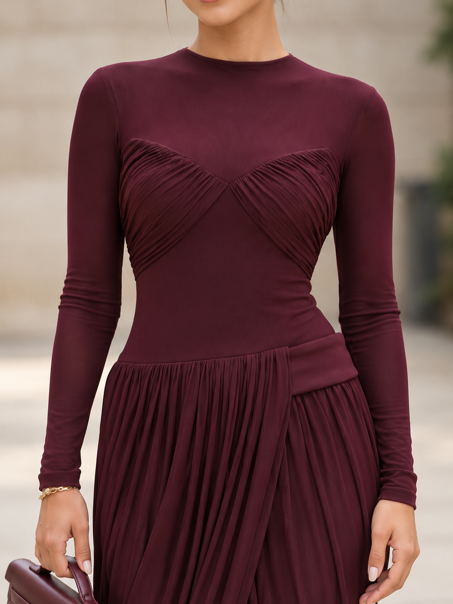 Draped Pleat Long-Sleeve Maxi Dress in burgundy by Exclusives, Dresses on Sale