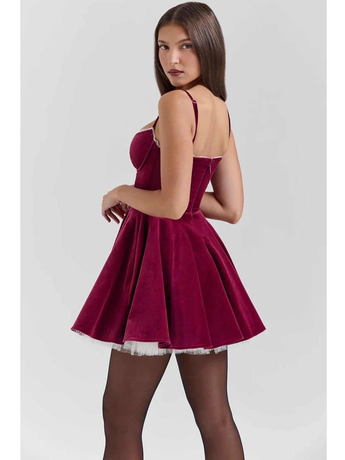 Spaghetti Strap Velvet Flare Short Dress