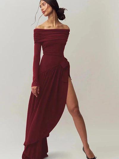 Off Shoulder Bow Applique Slit Maxi Dress