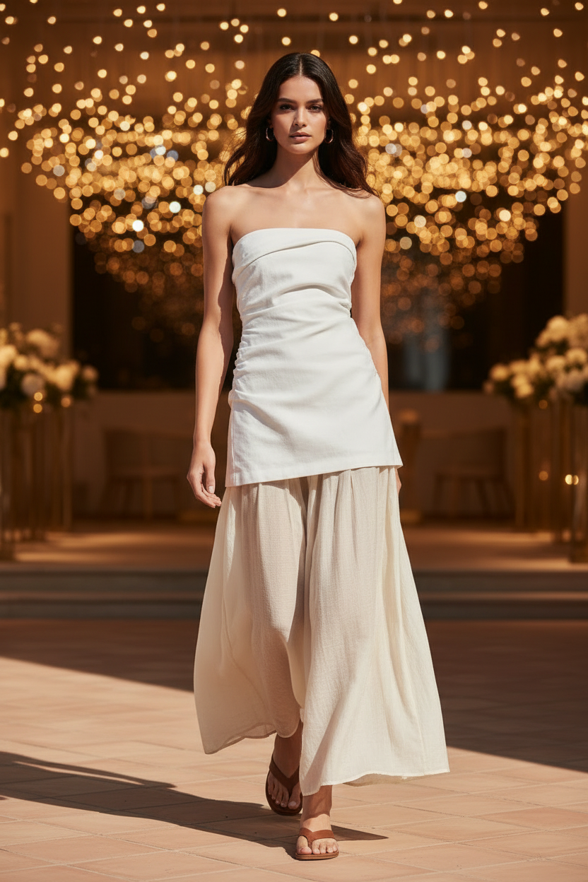 Contrast Strapless Tube Midi Dress by Exclusives, white top with beige flowing skirt