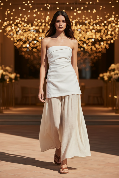 Contrast Strapless Tube Midi Dress by Exclusives, white top with beige flowing skirt