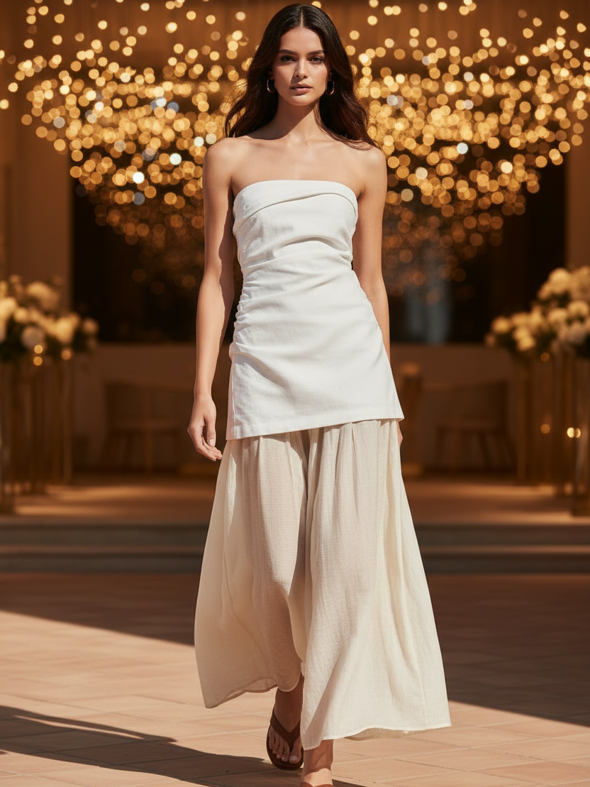 Contrast Strapless Tube Midi Dress by Exclusives, white top with beige flowing skirt