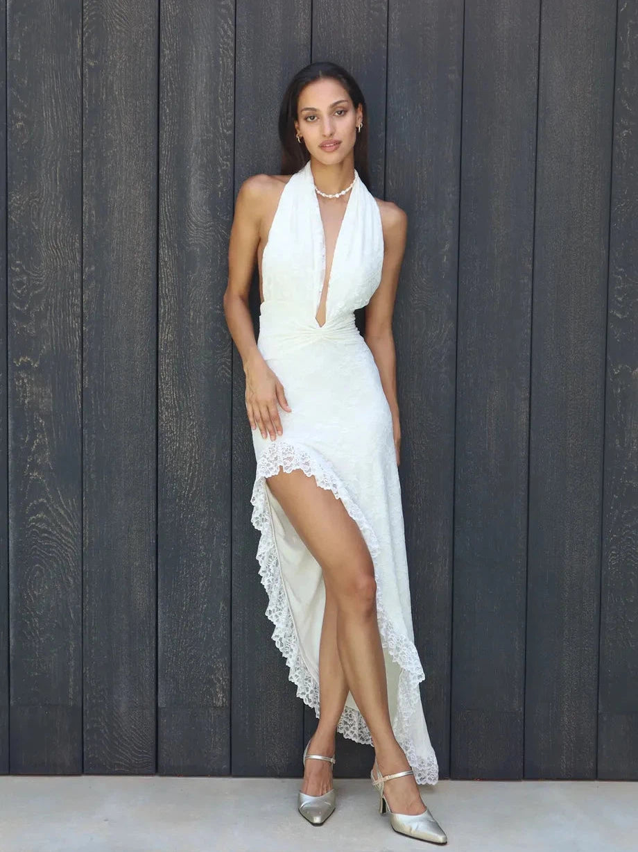 Deep V Halter Neck Ruffle Backless Midi Dress