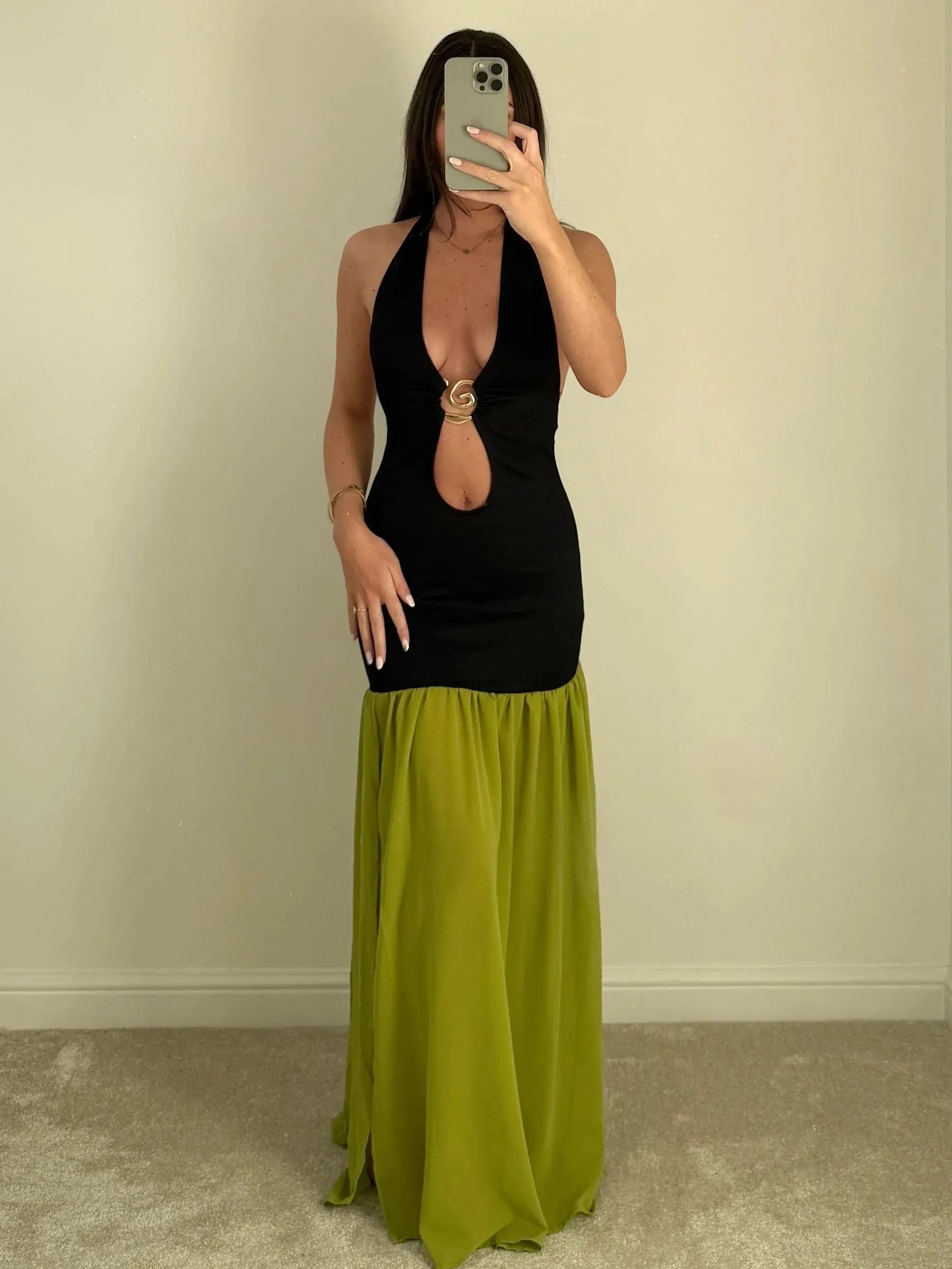 Deep V-Neck Backless Lace-Up Maxi Dress