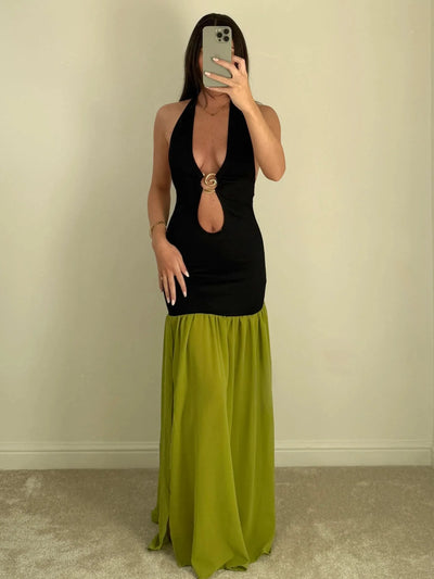 Deep V-Neck Backless Lace-Up Maxi Dress