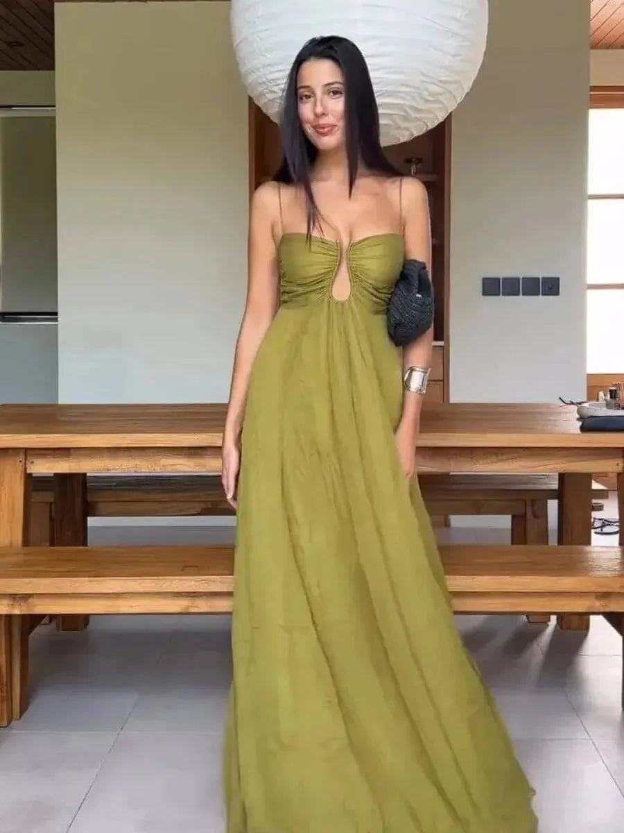 Juliana Deep Neck Applique Spaghetti Strap Maxi Dress