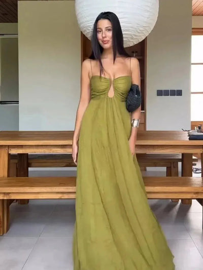 Juliana Deep Neck Applique Spaghetti Strap Maxi Dress