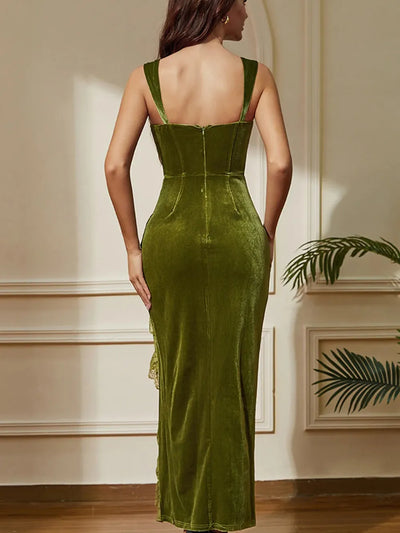 Green Mermaid Velvet Corset Long Party Dress with Laced Slit