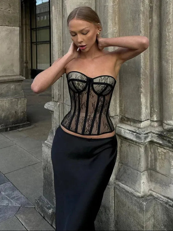 Sheer Lace Panel Corset Top