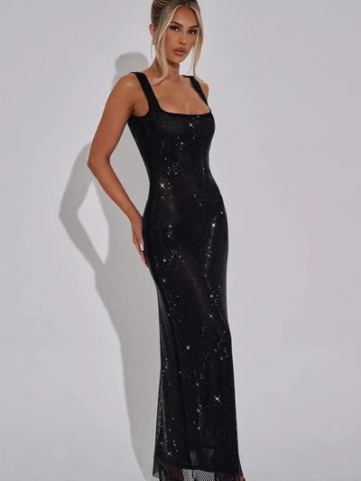 Rhinestone Scoop Backless Embellished Maxi Dress