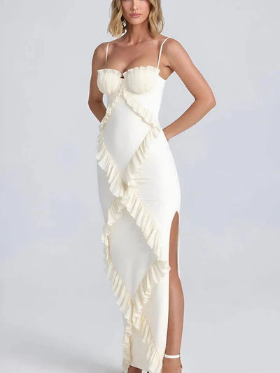 Spaghetti Strap Ruffle Slit Maxi Dress