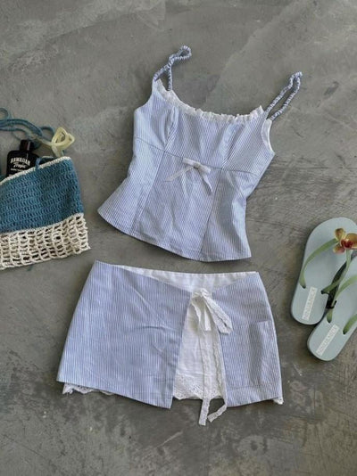 Striped Lace Bow Cami Top & Tied Skort Skirt Coord Set