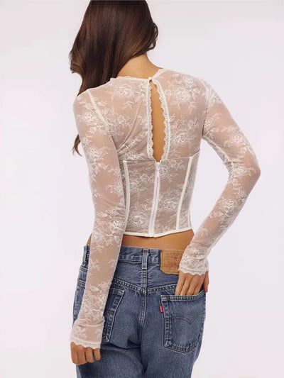 Amour Lace Corset Top by EXCLUSIVES, ivory floral lace long-sleeve corset-style top