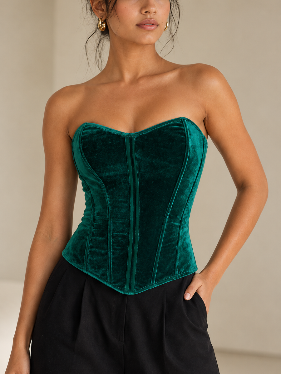 Emerald velvet corset bustier top by Exclusives, strapless blouse on sale