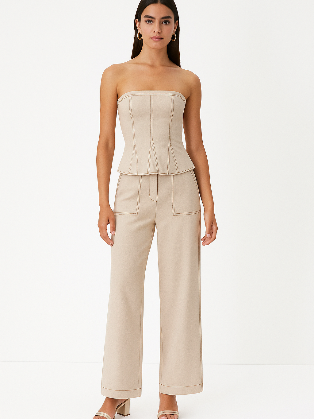 Honeycomb Stitched Tube Top & Wide Leg Pants Coord Set