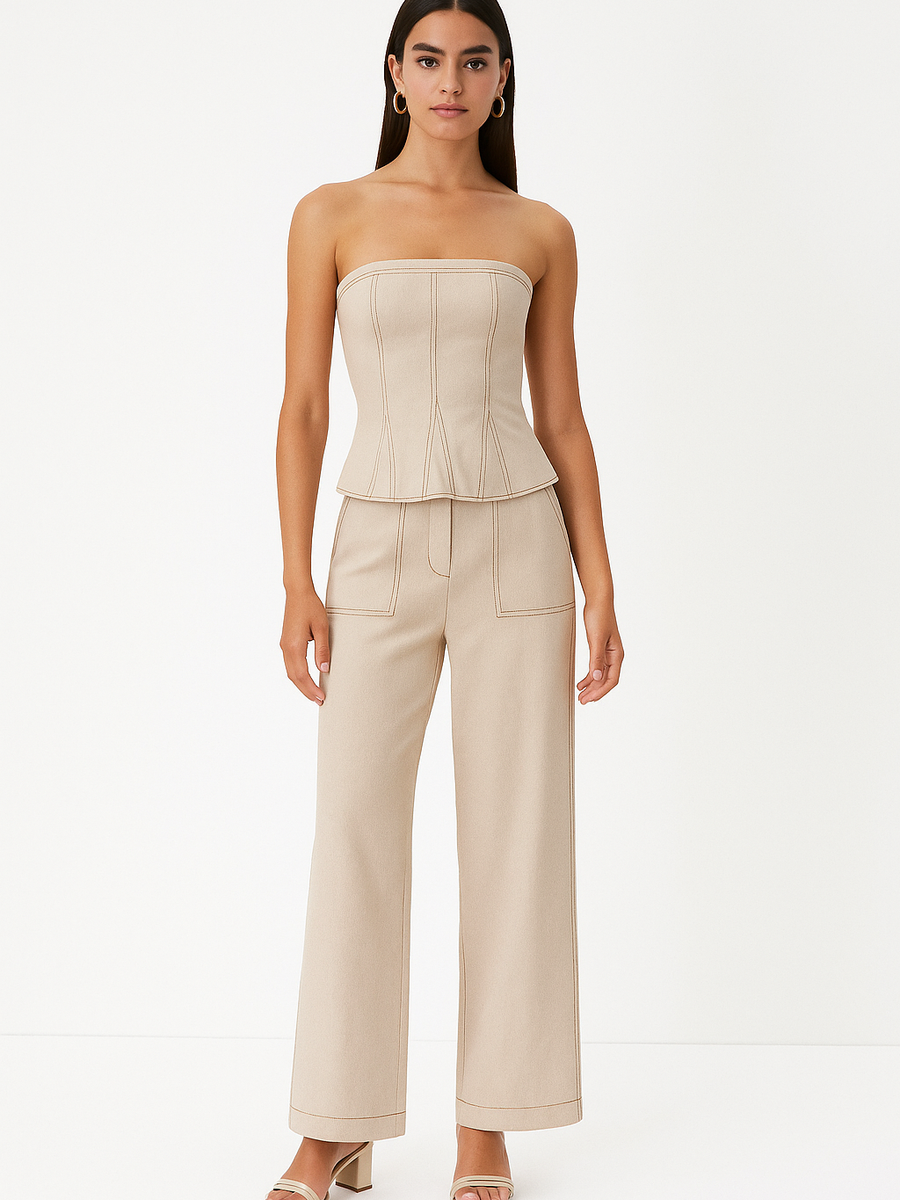 Honeycomb Stitched Tube Top & Wide Leg Pants Coord Set