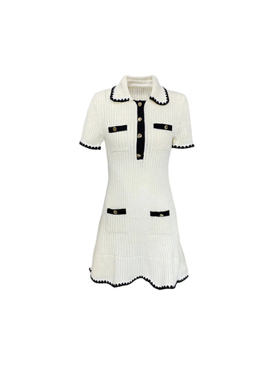 Knitted Collar Short Dress With Pockets