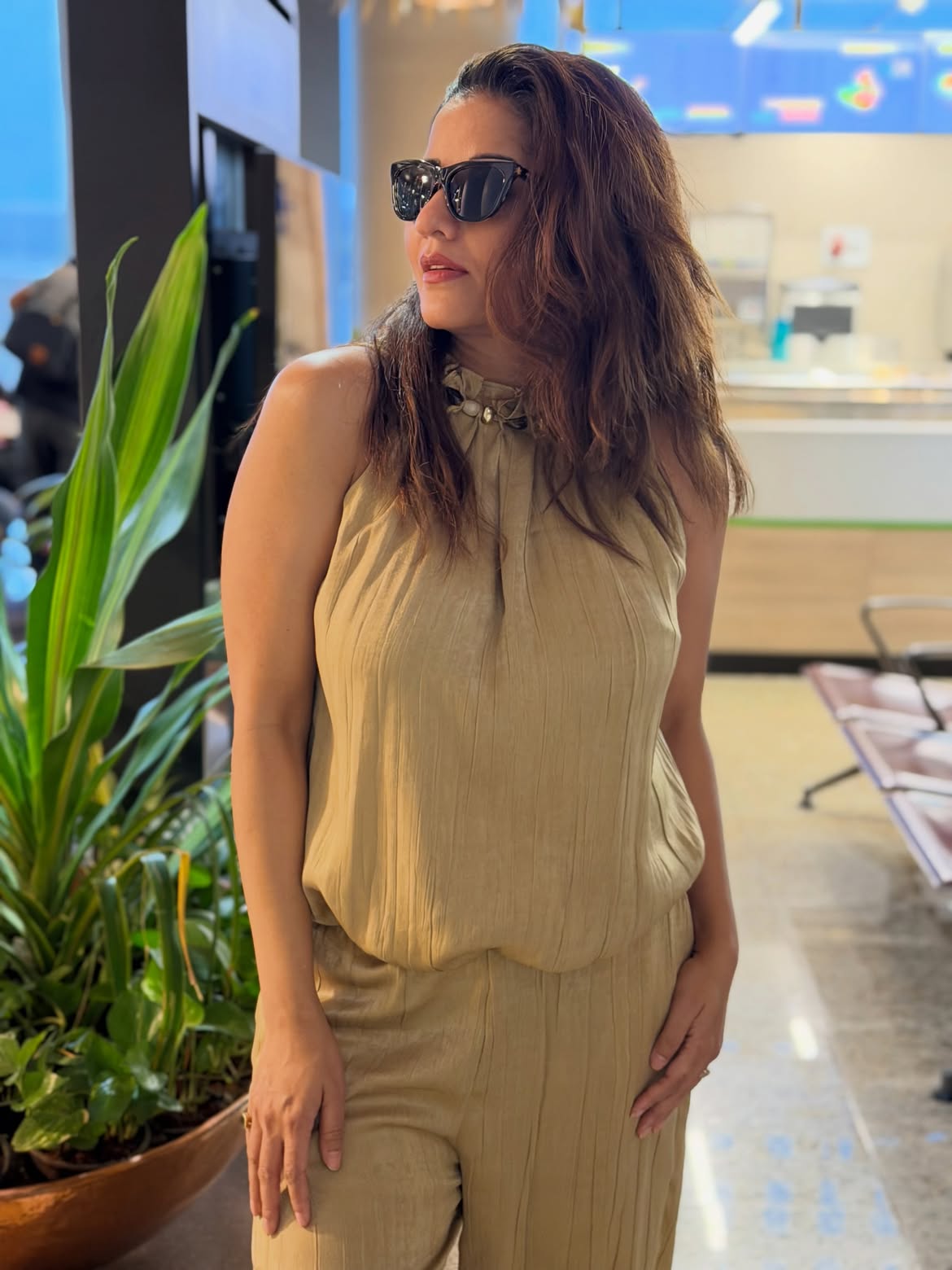 Nerissa Resort Co-ord Set by EXCLUSIVES; beige sleeveless top with matching pants in lightweight fabric